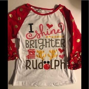 Girls Christmas Raglan 3/4 Sleeve Shirt Red and White Rudolph